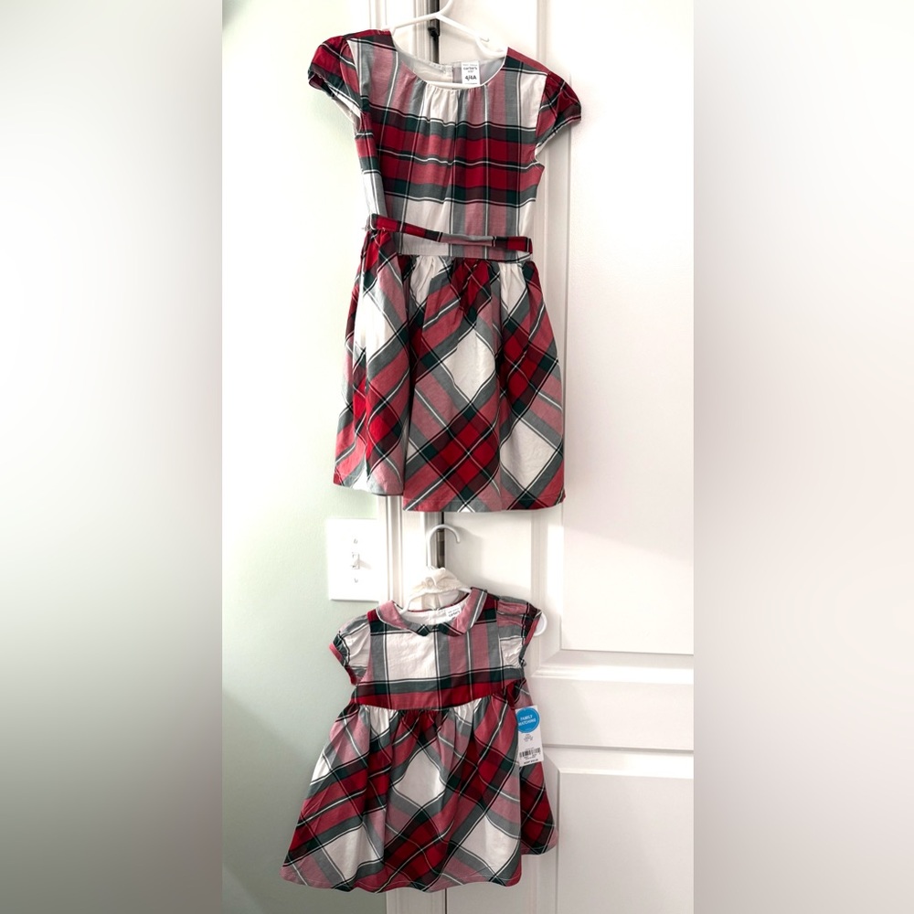 NWT-Sister Lot -Size 4T and 12 Months-Carter's Kid Plaid Dress in Red and Green